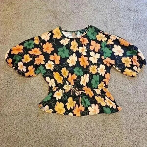 Who What Wear Black Peplum Style Tie Blouse w/ Floral Design, Size Medium